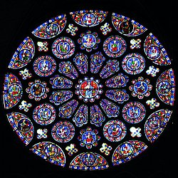 Ancient, Architecture, Cathedral, Centre, Chartres, Christianity, Church, Color Image, Day, Eure-et-Loir, Europe, Facade, France, Glass, Indoors, Religion, Rose Window, Stained Glass, Urban Scene, Window