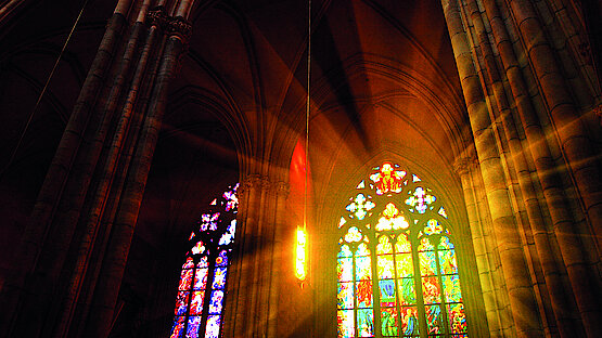 European Culture, Catholicism, Czech Culture, Art, Stained Glass, Christianity, Arch, Religion, History, Spirituality, Ancient, Old, Architecture, Indoors, St Vitus's Cathedral, Prague, Bohemia, Czech Republic, Europe, Sunbeam, Light - Natural Phenomenon, Architectural Column, Window, Cathedral, Church