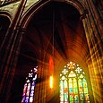 European Culture, Catholicism, Czech Culture, Art, Stained Glass, Christianity, Arch, Religion, History, Spirituality, Ancient, Old, Architecture, Indoors, St Vitus's Cathedral, Prague, Bohemia, Czech Republic, Europe, Sunbeam, Light - Natural Phenomenon, Architectural Column, Window, Cathedral, Church