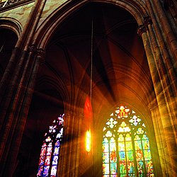 European Culture, Catholicism, Czech Culture, Art, Stained Glass, Christianity, Arch, Religion, History, Spirituality, Ancient, Old, Architecture, Indoors, St Vitus's Cathedral, Prague, Bohemia, Czech Republic, Europe, Sunbeam, Light - Natural Phenomenon, Architectural Column, Window, Cathedral, Church